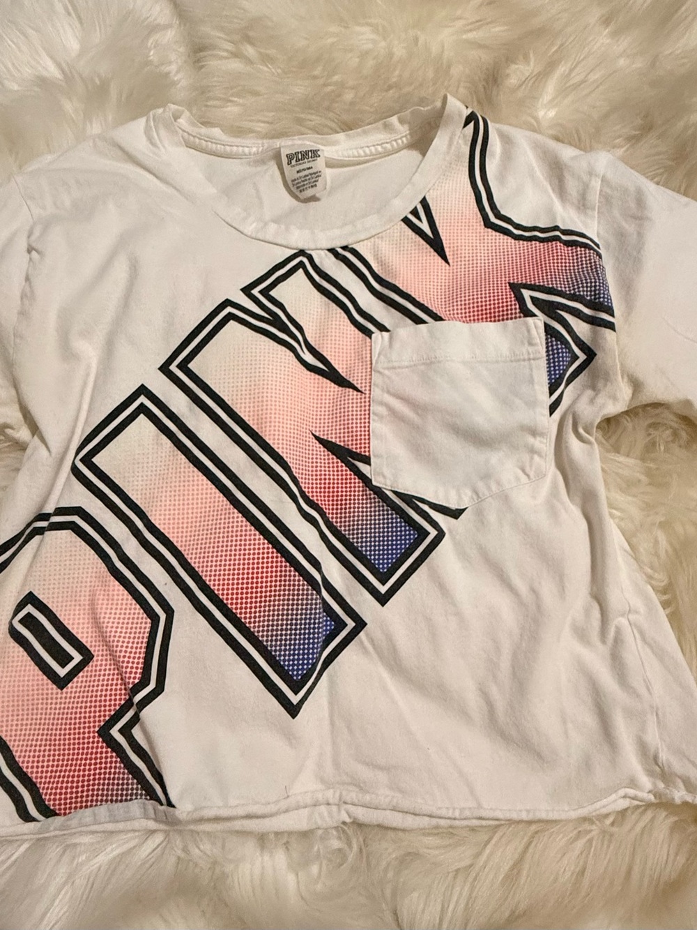 PINK Victoria's Secret White Tee with Pink-to-Blue Gradient Logo